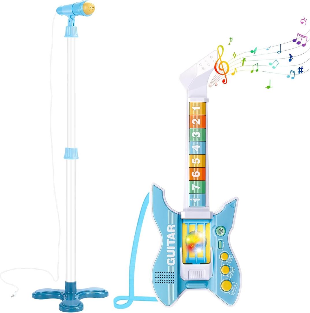 deAO Kids Guitar and Microphone Set with Stand Adjustable Height Music Light Karaoke Music Toys Christmas Birthday Gift for Kids Boys Girls (Blue)