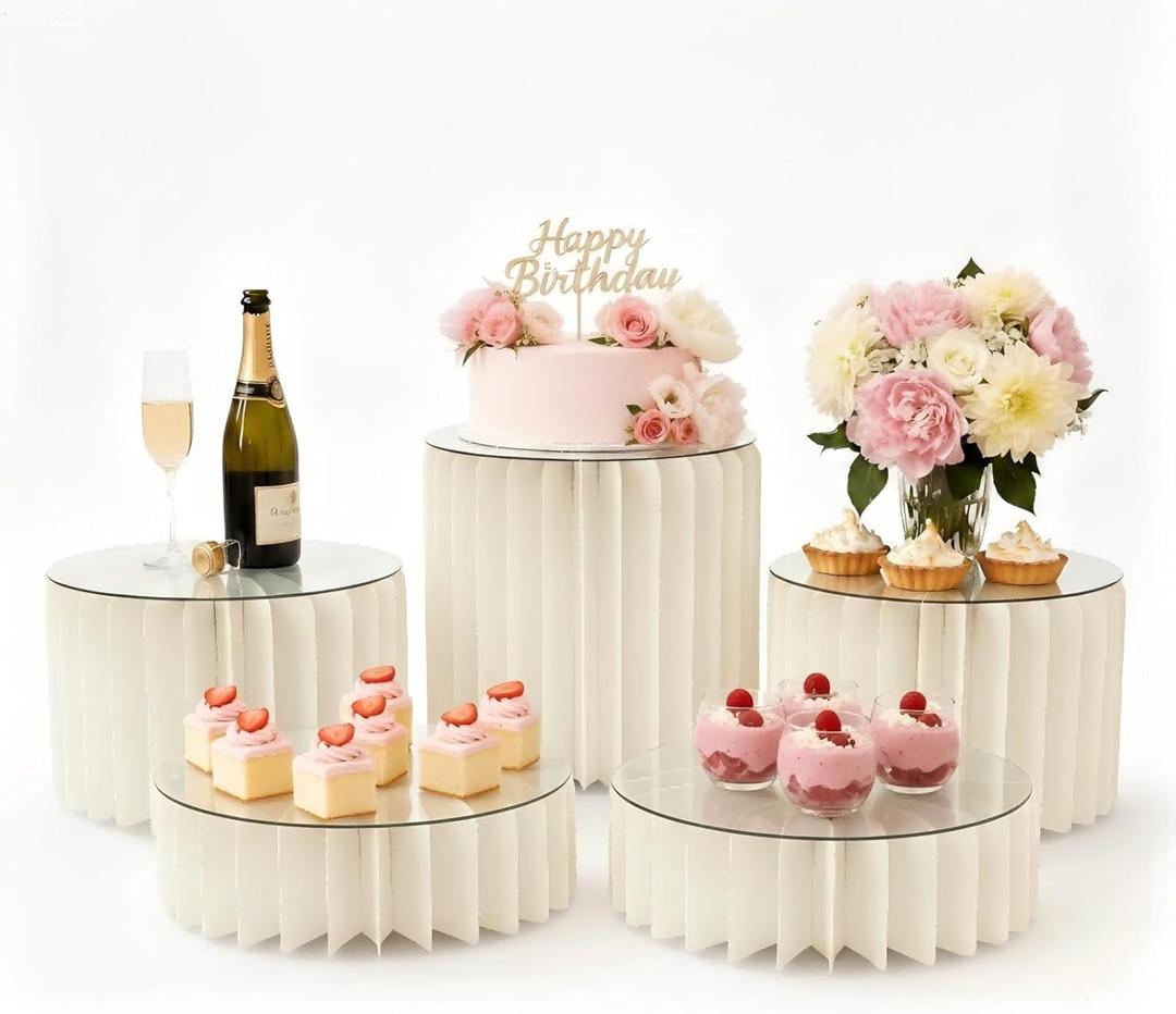 ZOOYOO Buffet Risers for Food Display, 5 Pack Cylinder Stands for Party - Foldable Dessert Table Display Set with Premium Acrylic Tops - Pedestal Cake Stands for Wedding, Candy Table, Quinceanera, Art Exhibitions, Catering