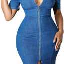 Women's Bodycon Denim Dress Sexy V Neck Short Puff Sleeve Bodycon Slim Mini Dresses with Zipper Pockets for Club Party Night L