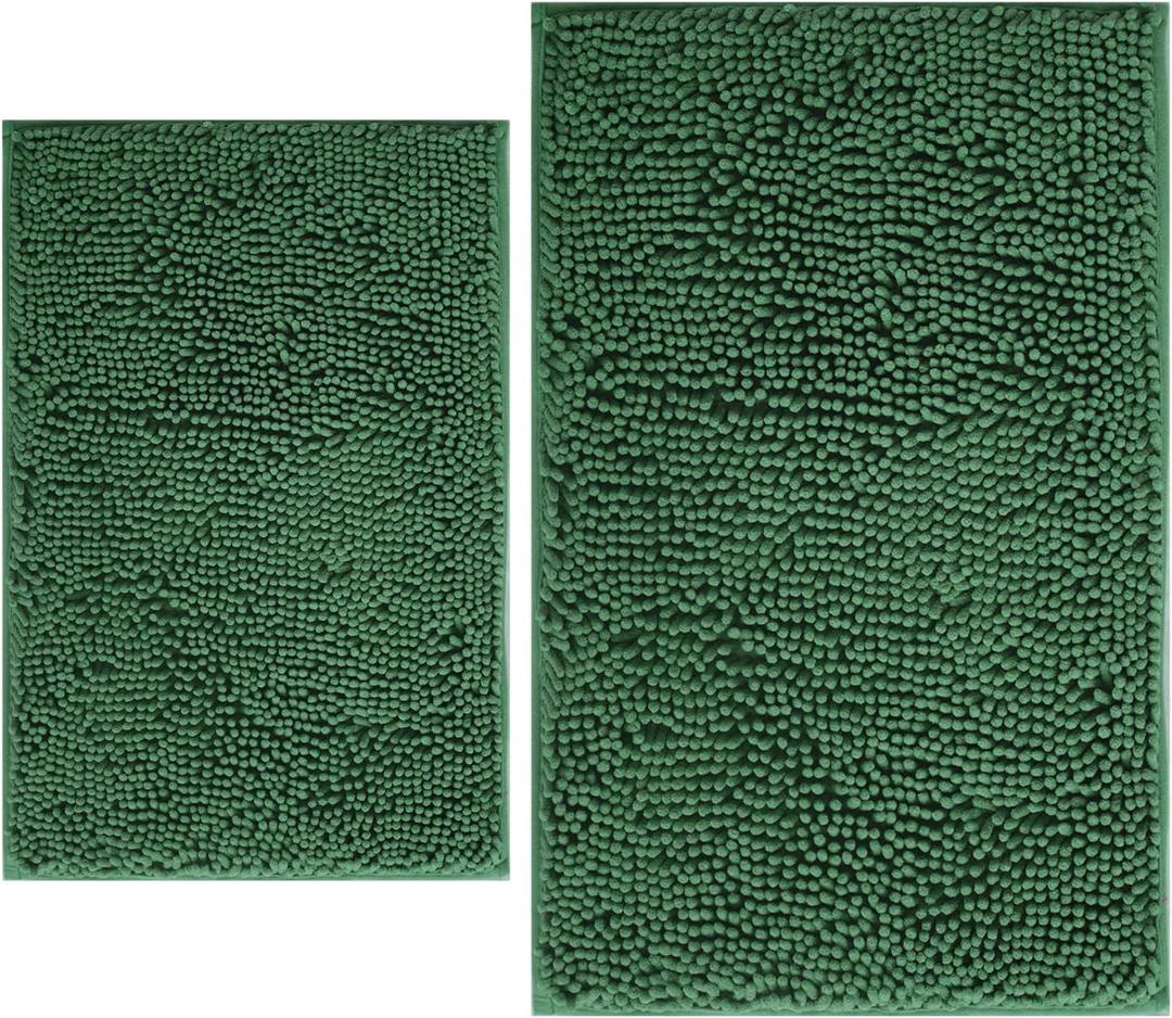 BOANKODU Bathroom Rugs Sets 2 Piece, Extra Soft Chenille Bath Mat Absorbent Bathroom Rug, Bathroom Mat with PVC Non-Slip Bottom, Machine Washable Bath Rugs (32x20 Inch + 24x16 Inch, Dark Green)