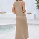 Pink Queen Women's Summer 2 Piece Outfit Set V Neck Button Crop Tank Top Vest Bodycon Maxi Long Skirt Waffle Knit Dress (Beige, L)