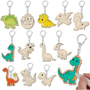 Trnayi 36 Pcs Dinosaur Unfinished Wooden Keychains Color Your Own Unfinished Dinosaur Wooden Crafts Blank Wood Painting DIY Crafts for Birthday Home Activities Arts Project Decor