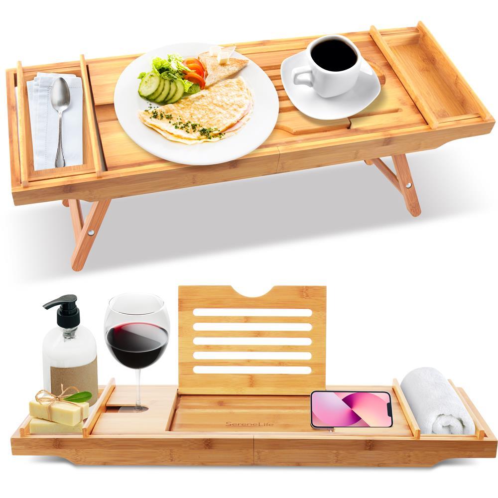 SereneLife Bath Caddy Breakfast Tray Combo - Natural Bamboo Wood Waterproof Tub and Bed with Folding Slide-Out Arms, Device Grooves, Wine Glass Soap Holder