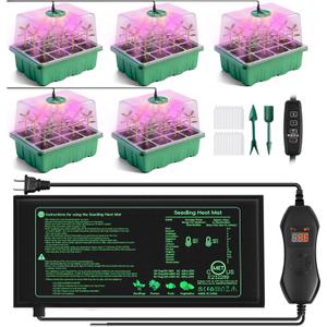 YAUNGEL Seed Starter Tray with Grow Light, Heat Mat with Thermostat, 5 Pack Seed Starter Kit with Timing Controller Adjustable Brightness, Thicken Seedling Starter Trays with Humidity Domes