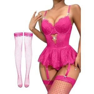 Lilosy Sexy Stocking Rhinestones Heart Garter Underwire Floral Mesh lace Sheer Babydoll Lingerie Teddy Bodysuit Skirt Set, Medium, Hotpink 
