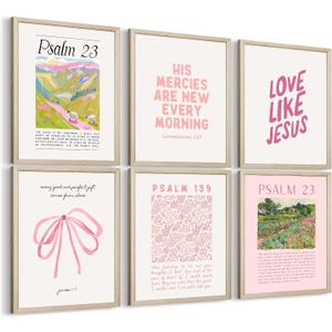 Pink Christian Wall Art Bible Verse Canvas Poster Floral Wall Decor Religious Pictures Girls Room Prints Scripture Poster Bundle Bow Artwork Trendy Preppy Painting for Bedroom 8x10 Inch Wood Framed