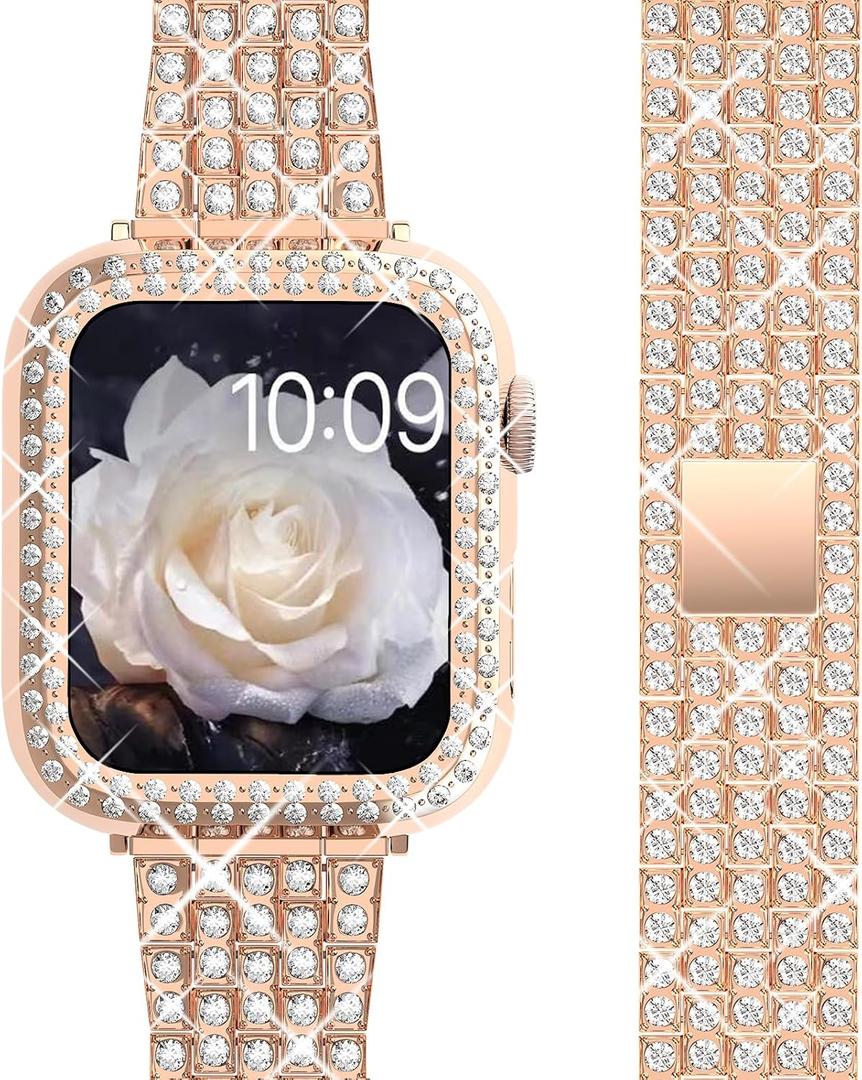 Compatible for Apple Watch Band 42mm Series 3/2/1, Diamond Rhinestone Case + Women Bling Band Stainless Steel Metal Bracelet for iWatch (Rose Gold, 42mm)