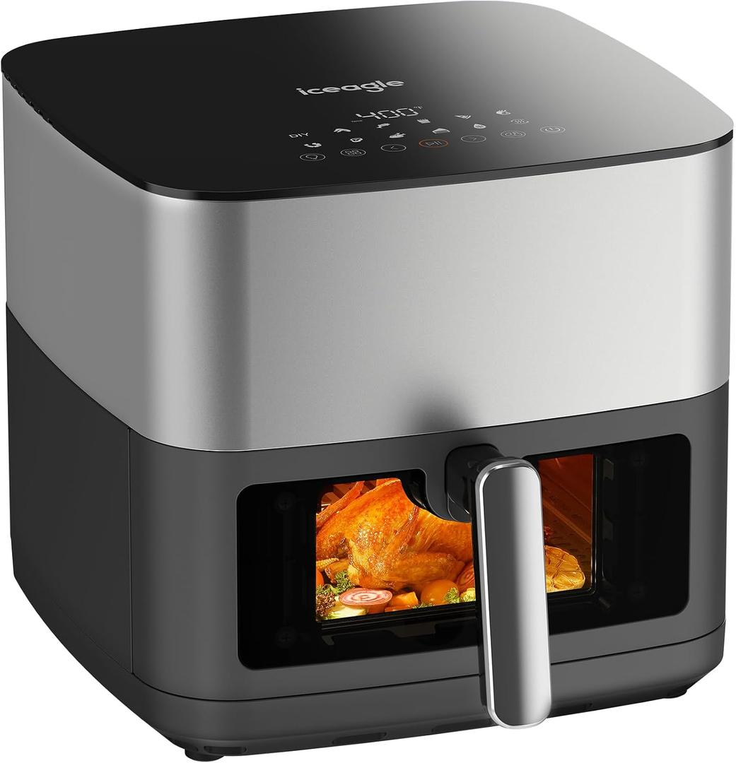 Iceagle Stainless Steel Air Fryer 9 Quart - Airfryer XXL with Large Viewing Window, Dual Heating Elements, 12-in-1 Function to Roast, Bake, Broil, Defrost, Reheat, Dishwasher-Safe Parts, 1700W, Siver, 9 Qt