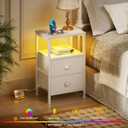 Furologee Nightstands Set of 2, End Tables Set of 2 with Charging Station and LED Lights, White Night Stands with 2 Fabric Drawers, Bedside Tables for Living Room/Bedroom