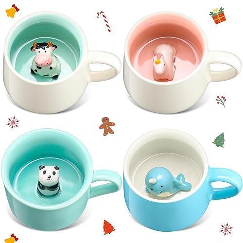 Didaey 4 Pieces 3D Animal Inside Mug 3D Animal Coffee Mugs Cute Figurine Ceramics Cup Hidden 3D Unicorn Whale Panda Cow Inside Mug For Christmas Birthday Holiday Gift For Tea Coffee Lovers
