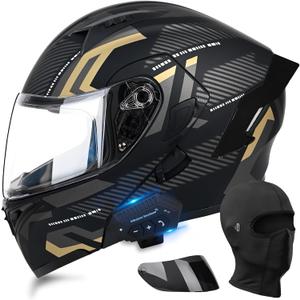 Bluetooth Modular Motorcycle Helmets, DOT Approved Flip Up Full Face Motorcycle Dual Visor Helmet, with Dual Speakers and Microphone, for Adults Men and Women, Black Gold XL