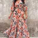 CHICME Womens Summer Boho Maxi Dress V Neck 3/4 Puff Sleeve Floral Flowy Wedding Guest Vacation Beach Long Dress (L)