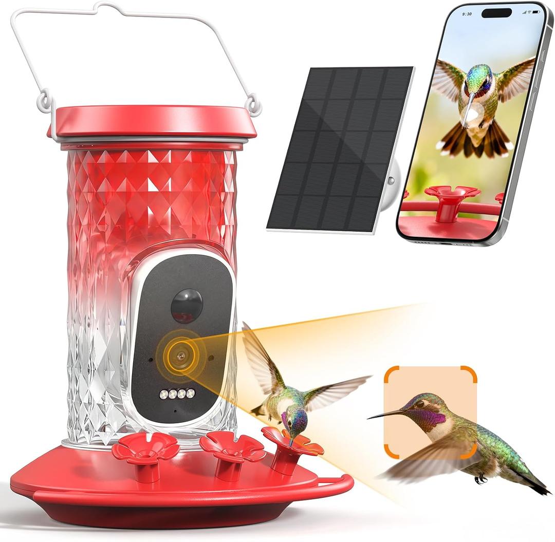 Smart Hummingbird Feeder Camera with AI Identification, 2.5K HD & Color Night Vision, Solar Powered Outdoor, IP66 Weatherproof – Garden Decor & Premium Gift for Mom