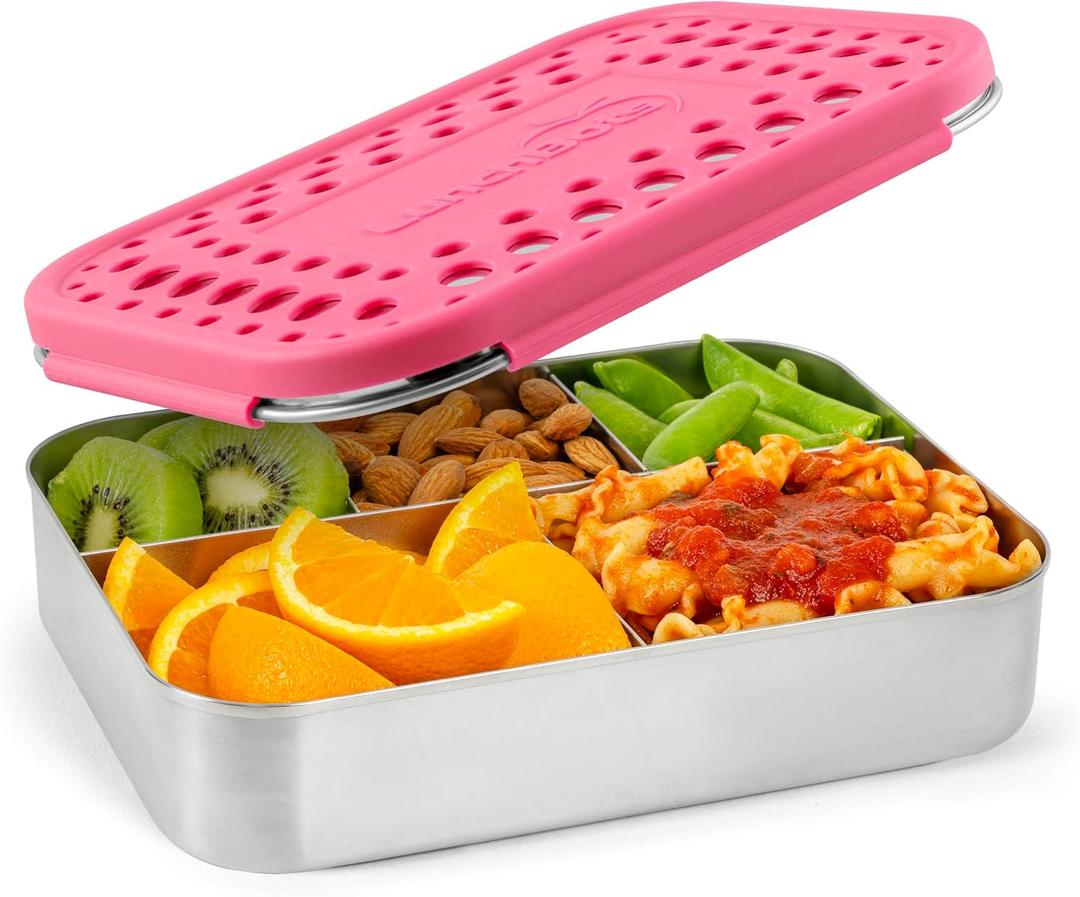 LunchBots Large Cinco Stainless Steel Lunch Container - Five Section Design Holds a Variety of Foods - Metal Bento Box - Dishwasher Safe - Stainless Lid -Pink Dots