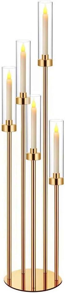 42.5in Gold Candle Holders for Table Centerpiece Candelabra Candlestick Holders Decor Wedding Centerpiece Table Decorations 5 arm Candle Holder Set of 1 Acrylic lampshade Fit 0.9" LED Candle