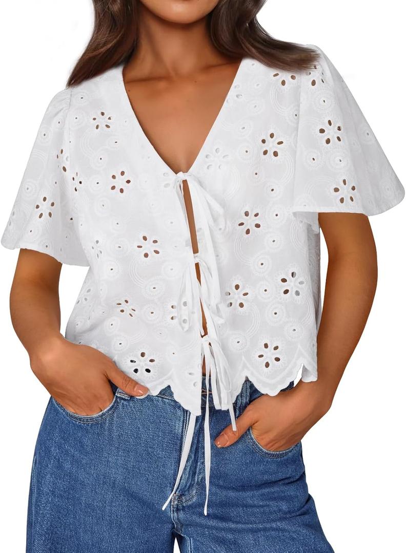 Trendy Queen Womens Tie Front Tops Summer Beach Vacation 2025 Fashion Outfits Loose Fit Blouses Eyelet Embroidered Clothes (Small, White)
