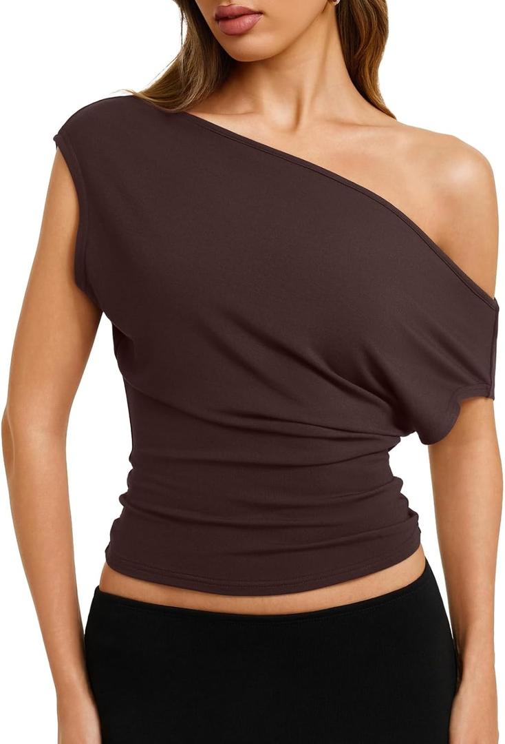 REORIA Womens Off The Shoulder Tops Dolman Sleeve Tee Shirts Cinched Waist Casual Loose Summer Outfits 2026 (Small, Brown)