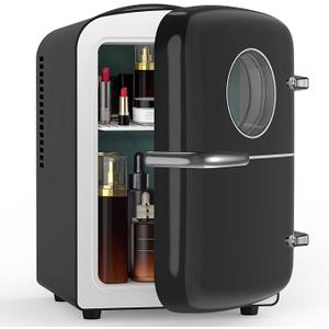 Electactic Mini Fridge for Bedroom, 4L/6 Cans Small Cosmetic Fridge for Skincare, Makeup & Drink, With Observation Window, Portable Desk Fridge Cooler and Warmer for Kids, Car, Office, Dorm, Black