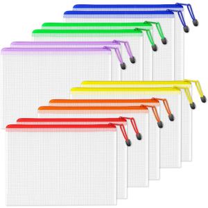 SUNEE Plastic Mesh Zipper Pouch 11x15 in (6 Colors, 12 Packs),Extra Large Water-Resistant Zip Bag for School Office Supplies, Puzzles & Games Organizing Storage (Multicolored)