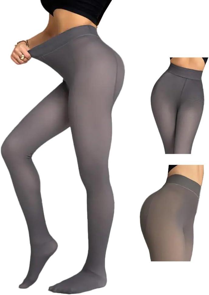 CHICME Womens Thick Fleece Lined Transparent Tights High Waist Elasticity Thermal Pantyhose Faux Sheer Warm Leggings (One Size (40f-60f))