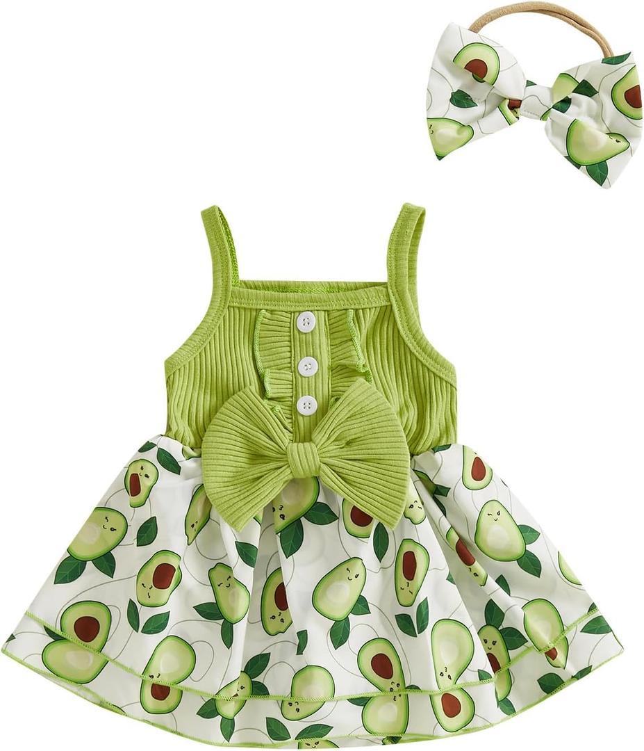 Kayotuas Newborn Baby Girl Summer Clothes Romper Dress Fruit Print Sleeveless Square Neck Bow Jumpsuit Bodysuit with Headband (Green)