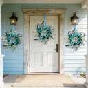 6 Pcs Small Blue Daisy Flower Hanging Wreaths for Cabinets with White Floral Eucalyptus Leaves Lavender Artificial Grains Mini Candle Rings Wreath for Home Front Door Farmhouse Coastal Blue Porch