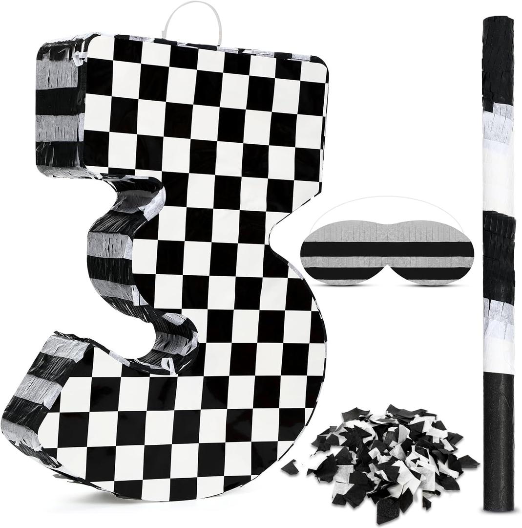 Lewtemi Race Car Number Piata Small Checkered Race Car Birthday Party Decoration Black and White Racing Piata with Stick Confetti Eye Mask for Celebration 15.3 x 10.6 x 2.8 Inch(Number 3)