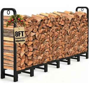 Amagabeli 8ft Firewood Log Rack Outdoor Heavy Duty Logs Holder for Fireplace Indoor Outdoor Adjustable Wood Racks for Fire Wood Holder Metal Pile Stand Storage Stacker Organizer Black