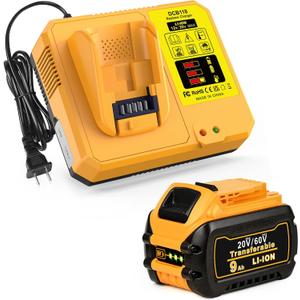 Amityke 9.0Ah Replacement DCB609 Battery & DCB118 Fast Charger Combo for Dewalt 20V Max Battery, Compatible with Dewalt 60v FlexVolt Batteries & Cordless Power Tools DCB615 DCB612 DCB609 DCB606 (Yellow)