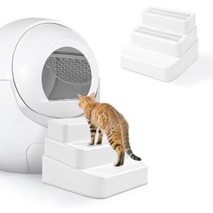 BALAPET Adjustable 3 Steps Litter Box Ramp with Filter Function, Detachable Litter Trapper, Non-Slip Cat Litter Stair for Small & Elderly Cats(White)
