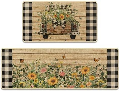 Tayney Summer Sunflower Truck Kitchen Rugs and Mats Non Skid Washable Set of 2, Black and White Buffalo Plaid Mats for Floor, Brown Wooden Runner Rug Farmhouse Rustic Kitchen Decor