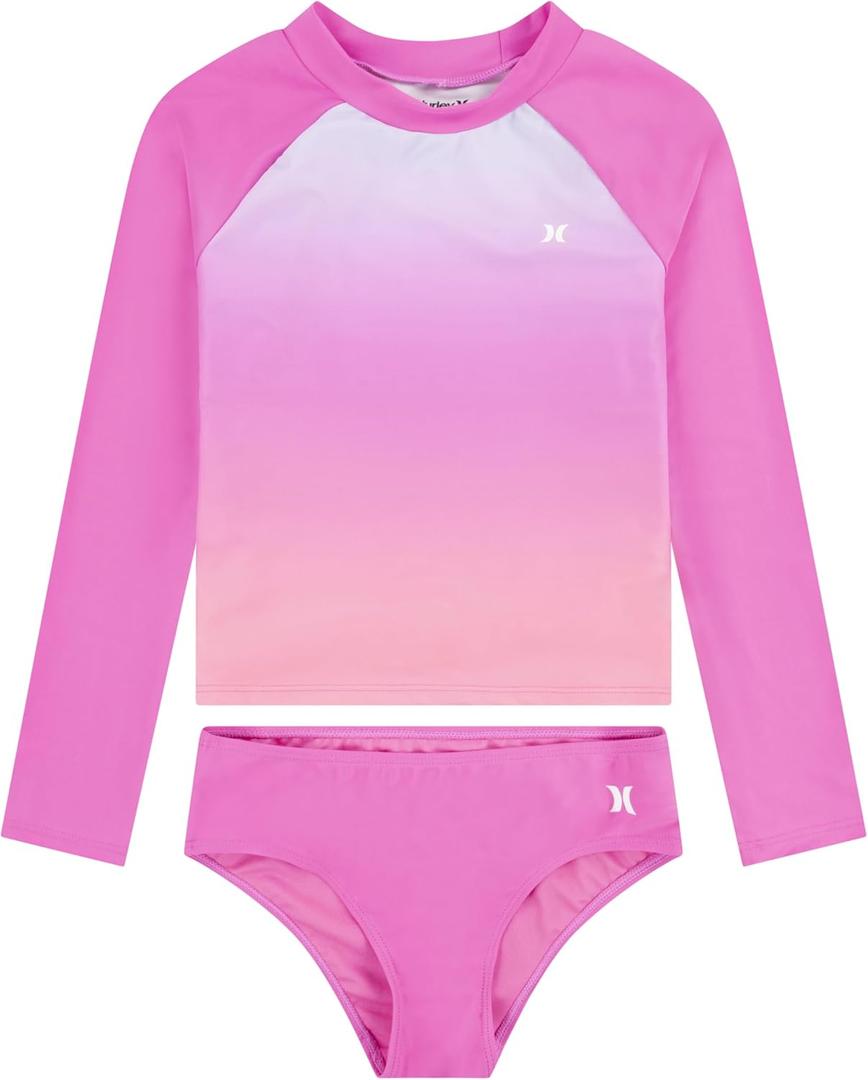 Hurley Girls Long Sleeve Rash Guard 2-Piece Swimsuit (14, China Rose)