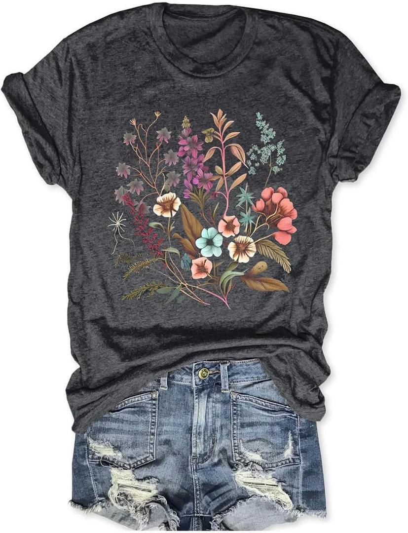 Women's Boho Flower T Shirt Vintage Flowers Printed Shirt Colorful Wildflower Graphic Tee Casual Botanical Short Sleeve (Medium, Dark Grey-2)