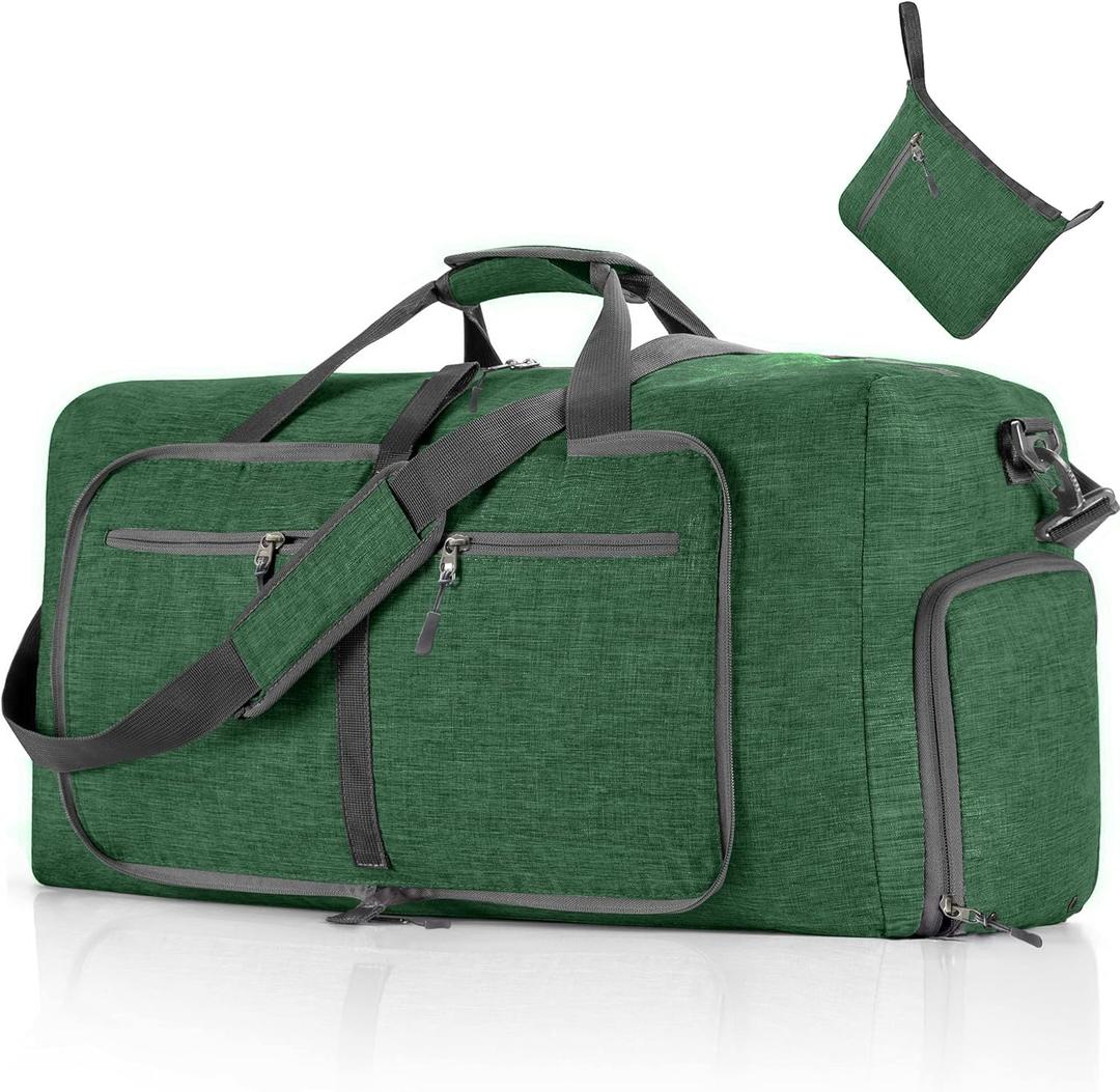 Vomgomfom 65L/85L/115L Foldable Travel Duffle Bag, Lightweight Checked Luggage with Shoe Compartment, Water-Resistant Weekender Overnight Bag for Men & Women (E Deep Green)