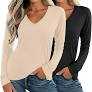Ficerd 2 Pack Women's Long Sleeve T Shirts Cotton V Neck Slim Fit Tops Ribbed Knit Layering Casual Basic Tees 2025 Fall, Large