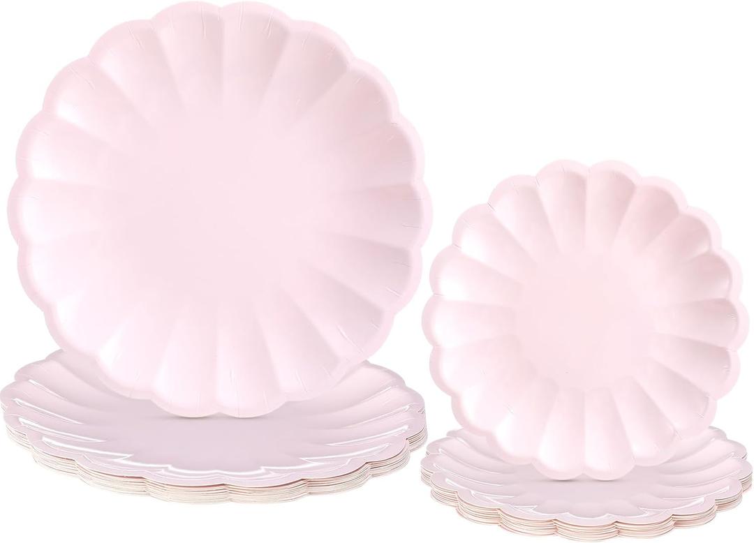 60 Pcs Pink Scalloped Paper Plates 9.5 Inch and 7.5 Inch Shell Edge Disposable Dinner Plates for Birthday Wedding Baby Shower Party Decorations