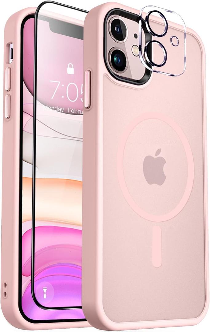 MOCCA Strong Magnetic for iPhone 11 Case,[Compatible with Magsafe][Glass Screen Protector+Camera Lens Protector] Slim Thin Shockproof Cover Case for iPhone 11 6.1 inch, Pink