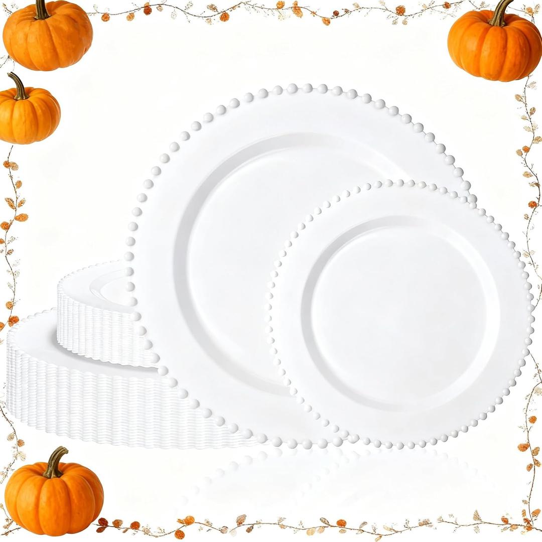 U-QE 60PCS White Plastic Plates - Fancy Beaded Plates Disposable Heavy Duty - Premium Hard Plastic Plate for Thanksgiving, Wedding & Party Including 30 Dinner10 & 30 Dessert Plate 7"