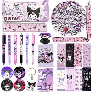 KUROMI School Supplies Gift Set, Including Notebook Pencil Case Pens Stickers Button Pins Lanyard Keychain Ruler Bookmarks Phone Ring Holder
