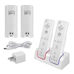 Kulannder Wii Remote Battery Charger(Free USB Wall Charger+Lengthened Cord) Dual Charging Station Dock with Two Rechargeable Capacity Increased Batteries for Wii U Game Remote Controller (White)