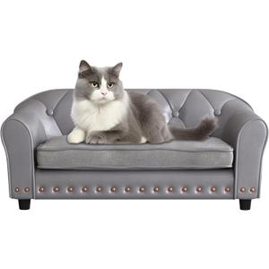 Dog Couch,Puppy Bed,Cat Sofa,Cat Couch,Pet Sofa,Dog Chair,Small Pet Bed,with Copper Nail and Wooden Frame, Leather Fabric and Cushion,for Small Animals Using (Grey)