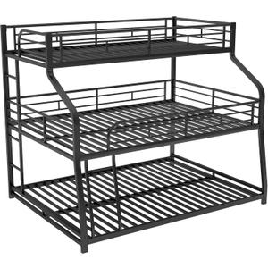 Bellemave Heavy Duty Triple Bunk Bed for Multiple Kids,Twin XL Over Full XL Over Queen Size Triple Bunk Bed with Long and Short Ladder for 3 Kids,Unique Curved Metal Frame,Black