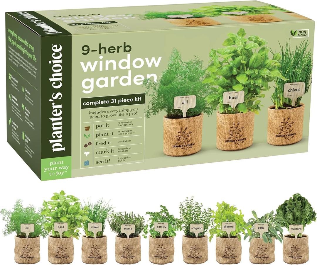 Planters' Choice 9 Herb Indoor Window Garden Kit - House Plants Seeds - Best Unique Gift Ideas for Women, Mom, Friend, Her, Birthday, Housewarming, Mother - New Home Kitchen Gifts