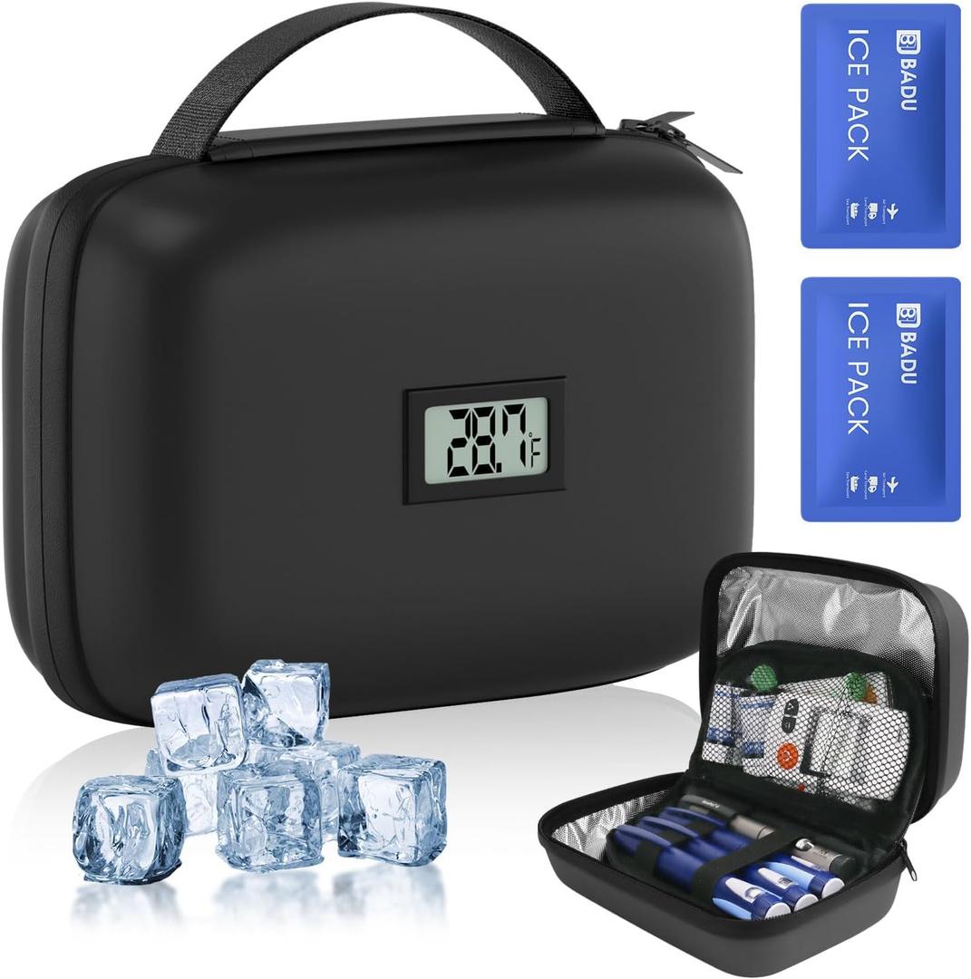 Insulin Cooler Travel Case with Temperature Display, TSA Approved Diabetic Cooling Bag for Insulin Pens and Supplies, Refrigerated Medicine Organizer with 2 Ice Packs (Black)