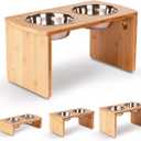 Elevated Dog Bowls, Bamboo Raised Dog Bowl for Large Dogs & Medium Dogs, with 2 Stainless Steel Bowls (10'' Tall48 oz Bowl) (Natural)