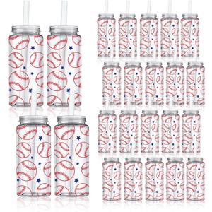Whaline 20Pcs Baseball Plastic Cups with Lids and Straws Clear Sports Theme Party Drinking Cups 13.5oz Reusable Tumblers for Party Supplies