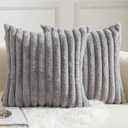 MANDIOO Pack of 2 Decorative Throw Pillow Covers Faux Fur Striped Plush Soft Cushion Covers Pillow Cases Bedroom Living Room Sofa Home 24x24 Inch Grey (24" x 24" (Pack of 2))