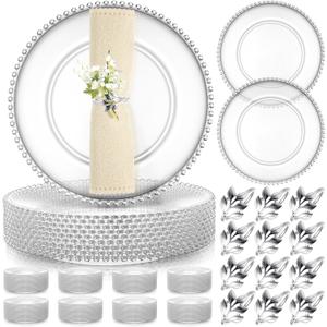Bokon 50 Set Clear Charger Plates Bulk 13 Inch Beaded Plastic Charger Plates with Napkin Rings Acrylic Round Dinner Table Decorative Plates for Party Wedding Thanksgiving(Clear and Silver)