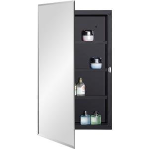 IDYLLOR Black Plastic Medicine Mirror Cabinet for Bathroom with 16 x 28 inch Beveled Edge Mirror, Recessed and Surface Mount