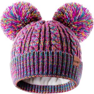 HAITHO Winter Hat for Kids Toddler Children, Girls Beanie with Double Pom Pom Warm Fleece Lined, Girls Accessories Knit Cap (Multicolor)